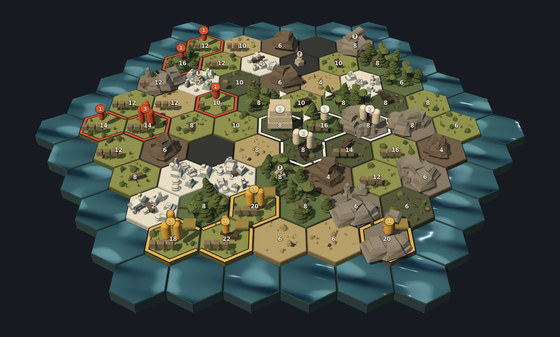 Monument in midgame: much of the board turned up into forest, grassland and sand, with territory outlined in red and gold where two tribes have started to meet.