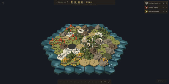 Monument's full screen: the board at round twelve, a bar across the top counting Mind, Culture, Tools and Food, and the three tribes — the River People, the Ash Makers, the Long Walkers — scored in the top right.